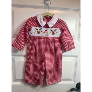 Little Threads Red Gingham Smocked Christmas Santa Reindeer Romper 9M